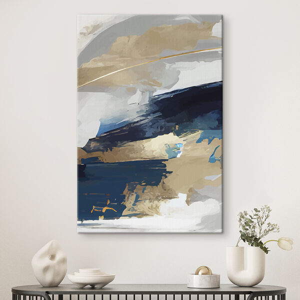 Een schilderij van blauwe en witte en bruine verf Een schilderij van blauwe en witte en bruine verf