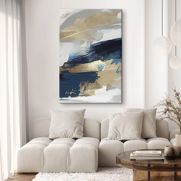 Een schilderij van blauwe en witte en bruine verf Een schilderij van blauwe en witte en bruine verf