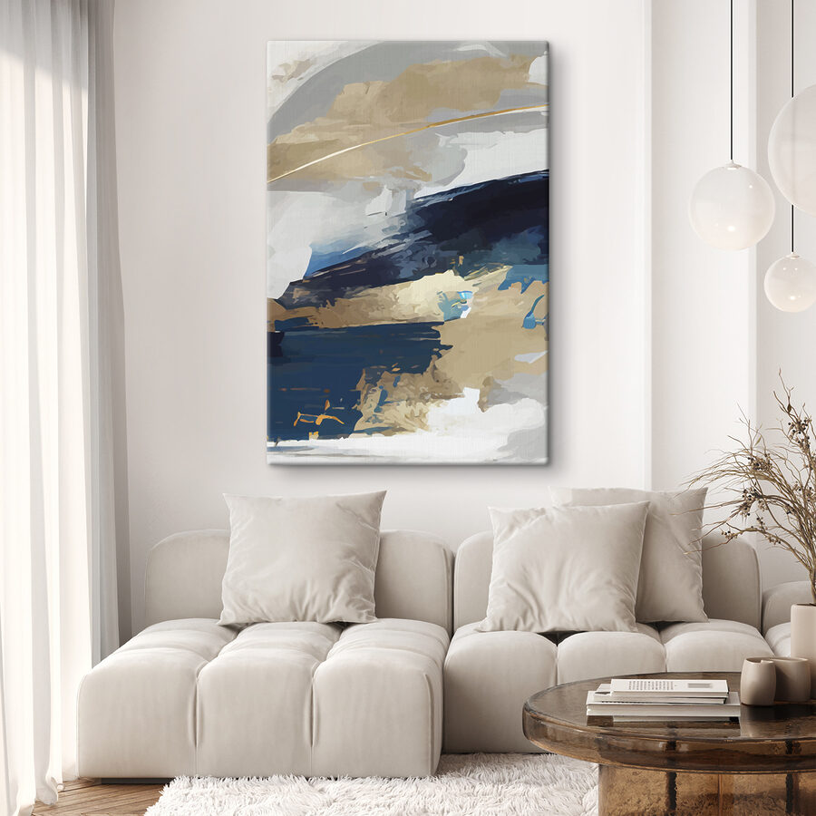 Een schilderij van blauwe en witte en bruine verf