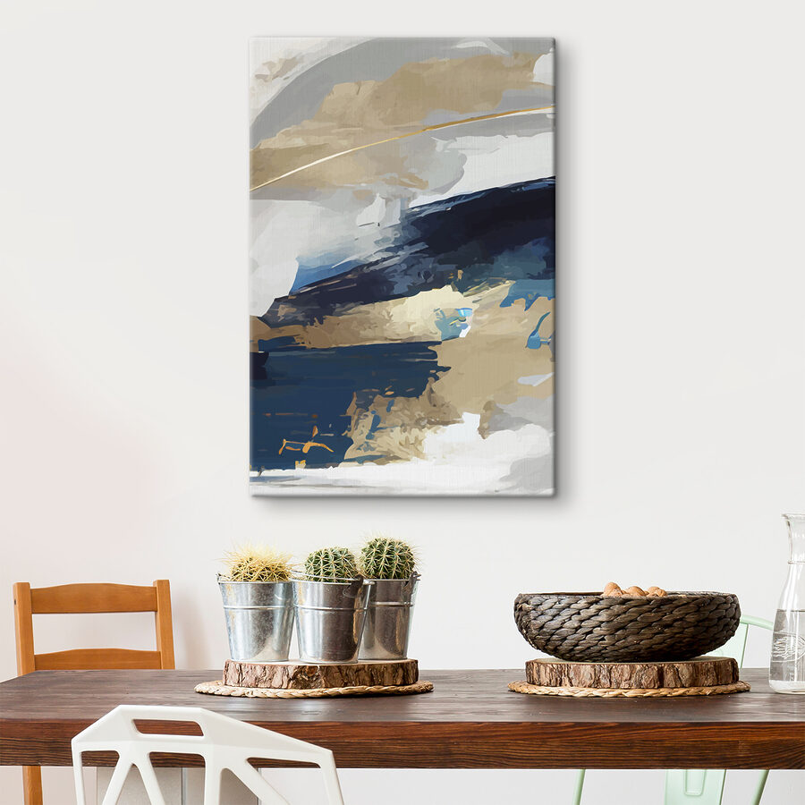Een schilderij van blauwe en witte en bruine verf