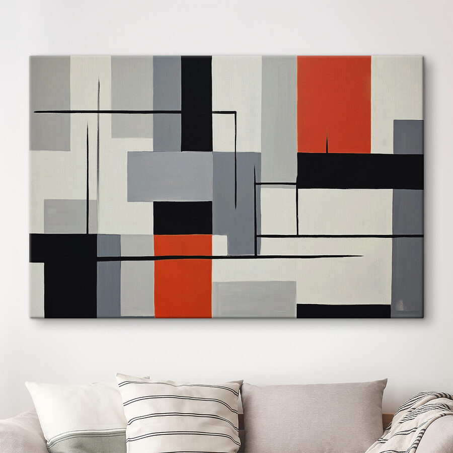 Een schilderij van zwarte rode en witte rechthoeken