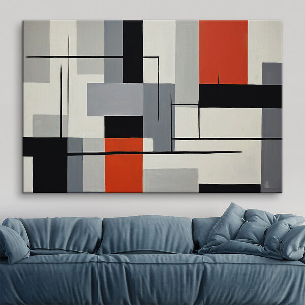 Een schilderij van zwarte rode en witte rechthoeken Een schilderij van zwarte rode en witte rechthoeken