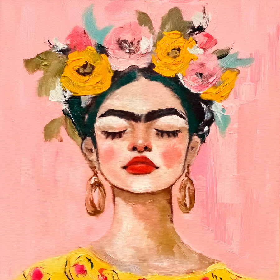Een schilderij van een vrouw met bloemen in haar haar Een schilderij van een vrouw met bloemen in haar haar