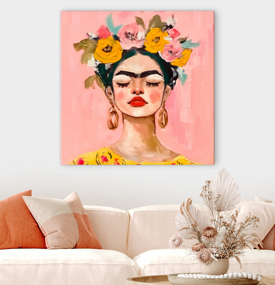 Een schilderij van een vrouw met bloemen in haar haar Een schilderij van een vrouw met bloemen in haar haar
