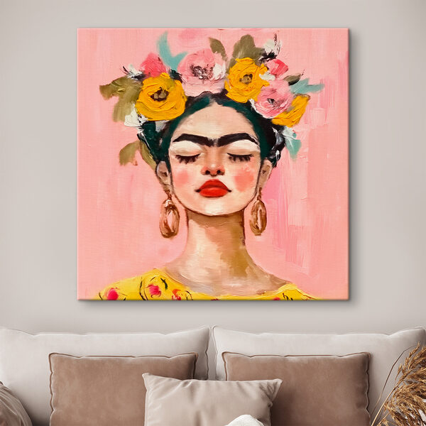 Een schilderij van een vrouw met bloemen in haar haar Een schilderij van een vrouw met bloemen in haar haar