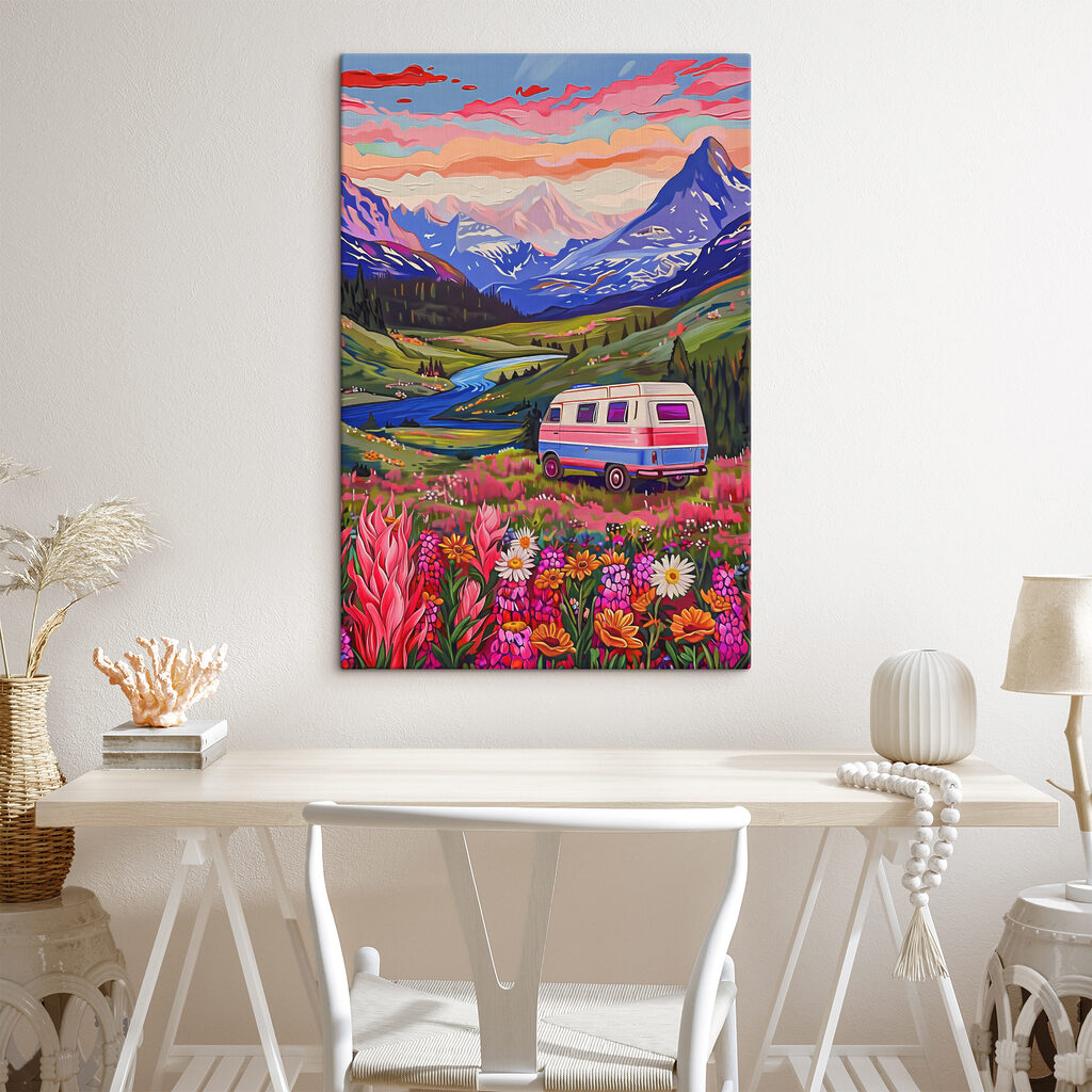 Een busje rijdt door een vallei met bloemen en bergen s38259pig306 1024x1024 - Een busje rijdt door een vallei met bloemen en bergen - tegory
