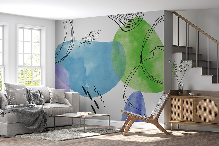 Een kleurrijk kunstwerk met zwarte lijnen en stippen Een kleurrijk kunstwerk met zwarte lijnen en stippen