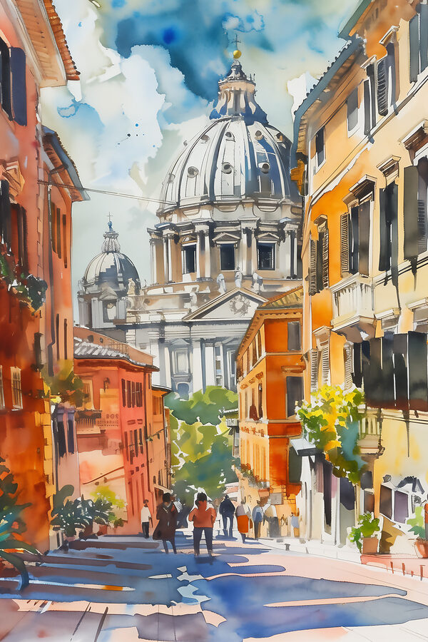 Een aquarelschilderij van een straat met gebouwen en een koepel Een aquarelschilderij van een straat met gebouwen en een koepel