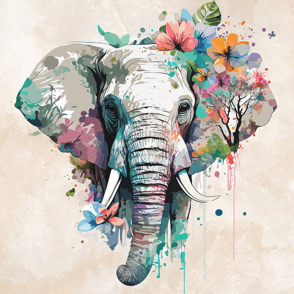 Een olifant met bloemen en bladeren Een olifant met bloemen en bladeren