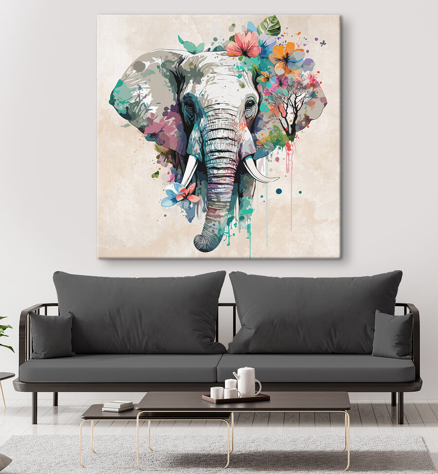 Een olifant met bloemen en bladeren