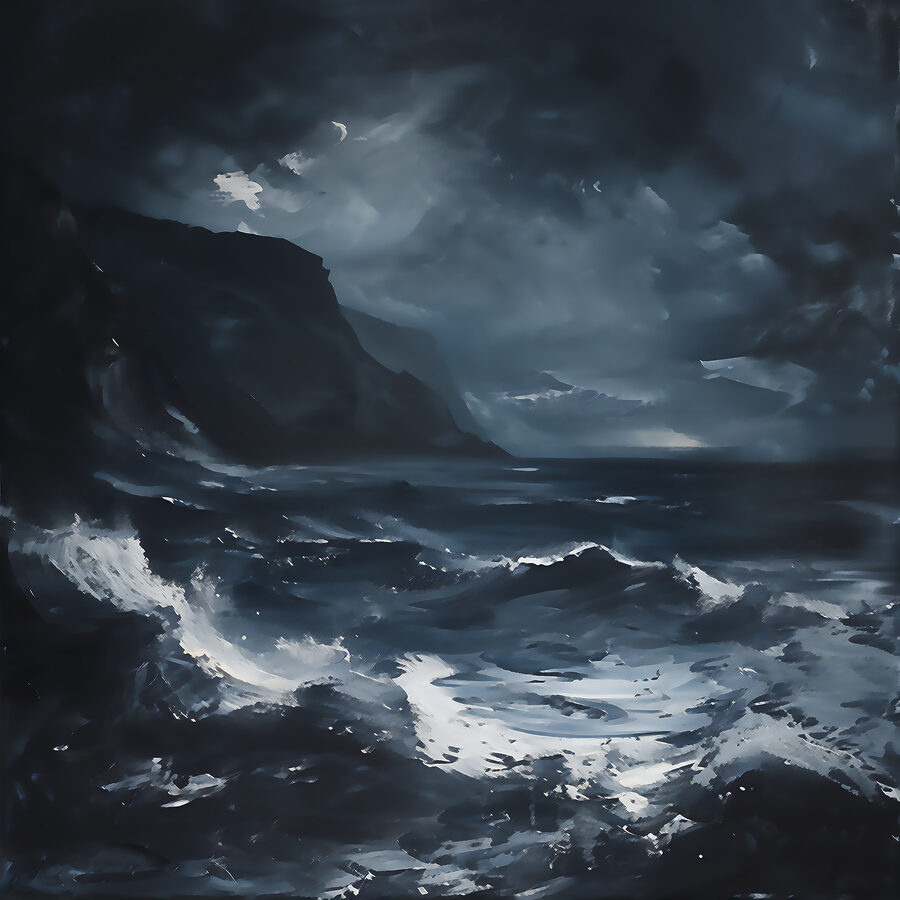 Een stormachtige zee met bergen en wolken Een stormachtige zee met bergen en wolken