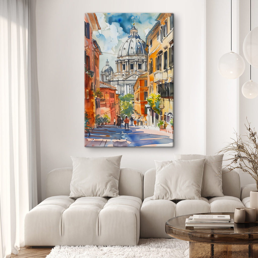 A watercolor painting of a street with buildings and a dome A watercolor painting of a street with buildings and a dome