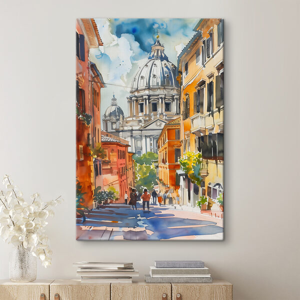 Een aquarelschilderij van een straat met gebouwen en een koepel Een aquarelschilderij van een straat met gebouwen en een koepel