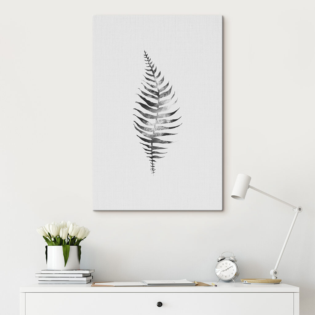 A black and white image of a fern leaf