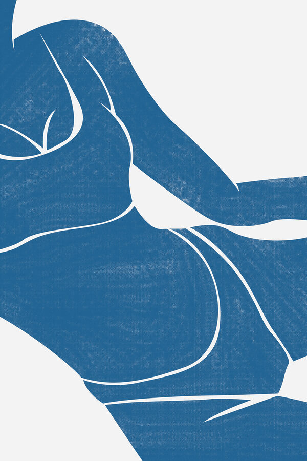 A blue and white drawing of a woman's body A blue and white drawing of a woman's body