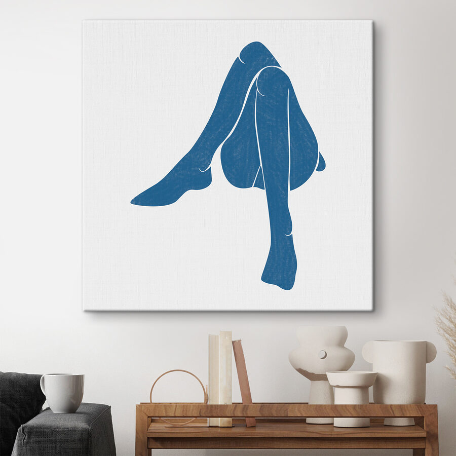 Een blauwe tekening van een vrouw’s benen