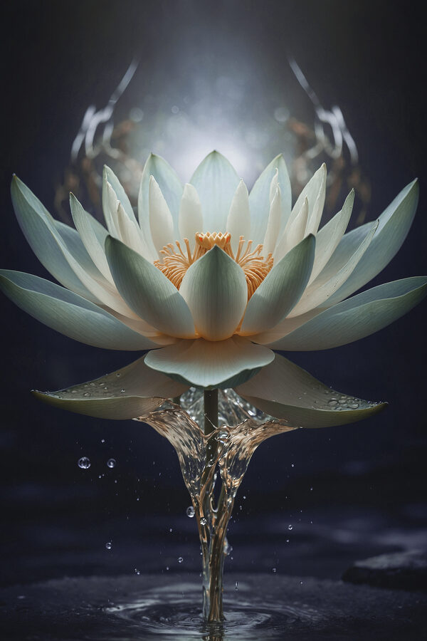 Een witte bloem met geel hart en water dat eruit spat Een witte bloem met geel hart en water dat eruit spat