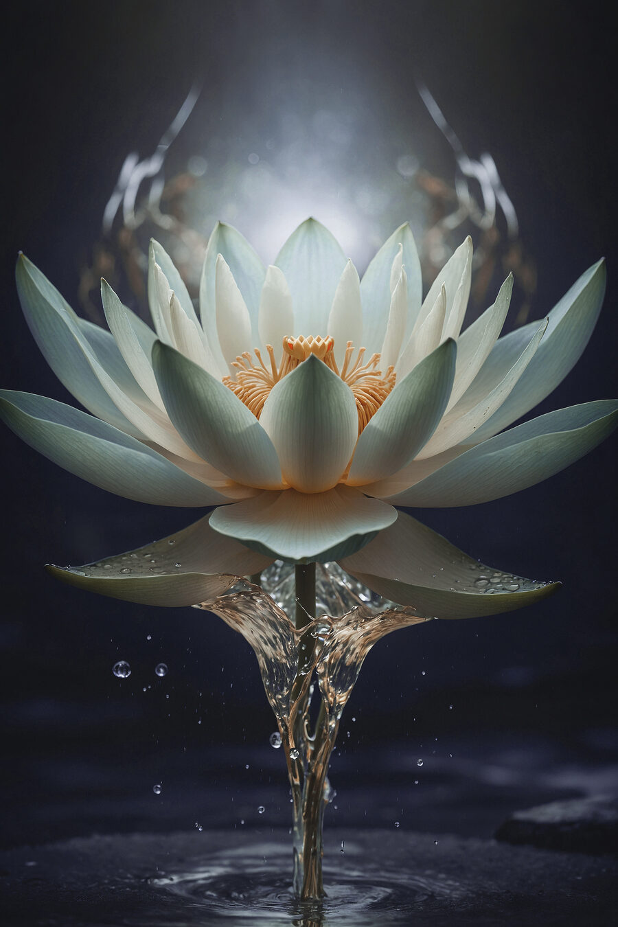 Een witte bloem met geel hart en water dat eruit spat