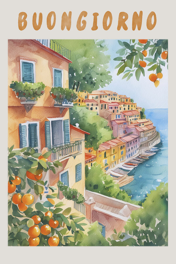 Watercolor painting of a town by the water Watercolor painting of a town by the water