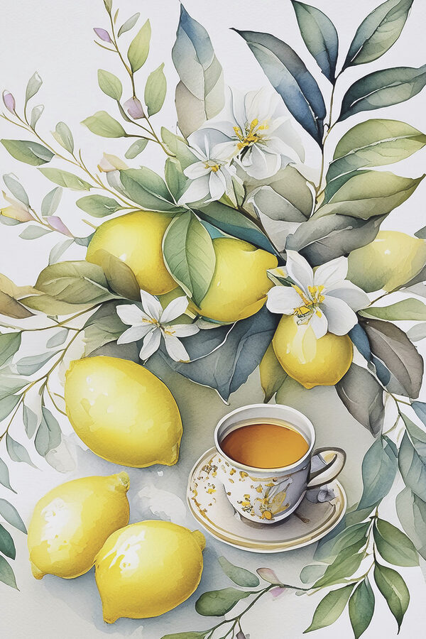 A painting of lemons and a cup of tea