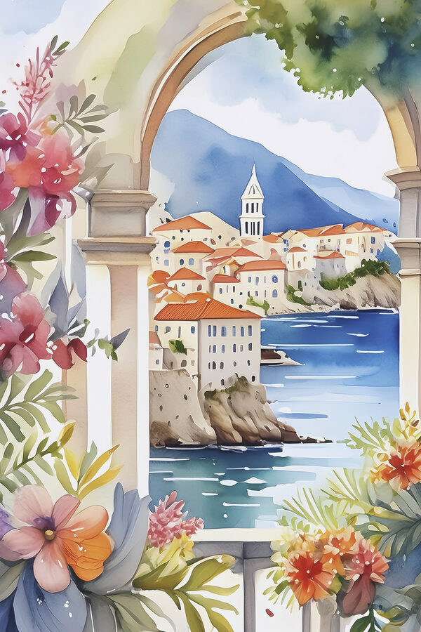 A watercolor painting of a town on a cliff A watercolor painting of a town on a cliff