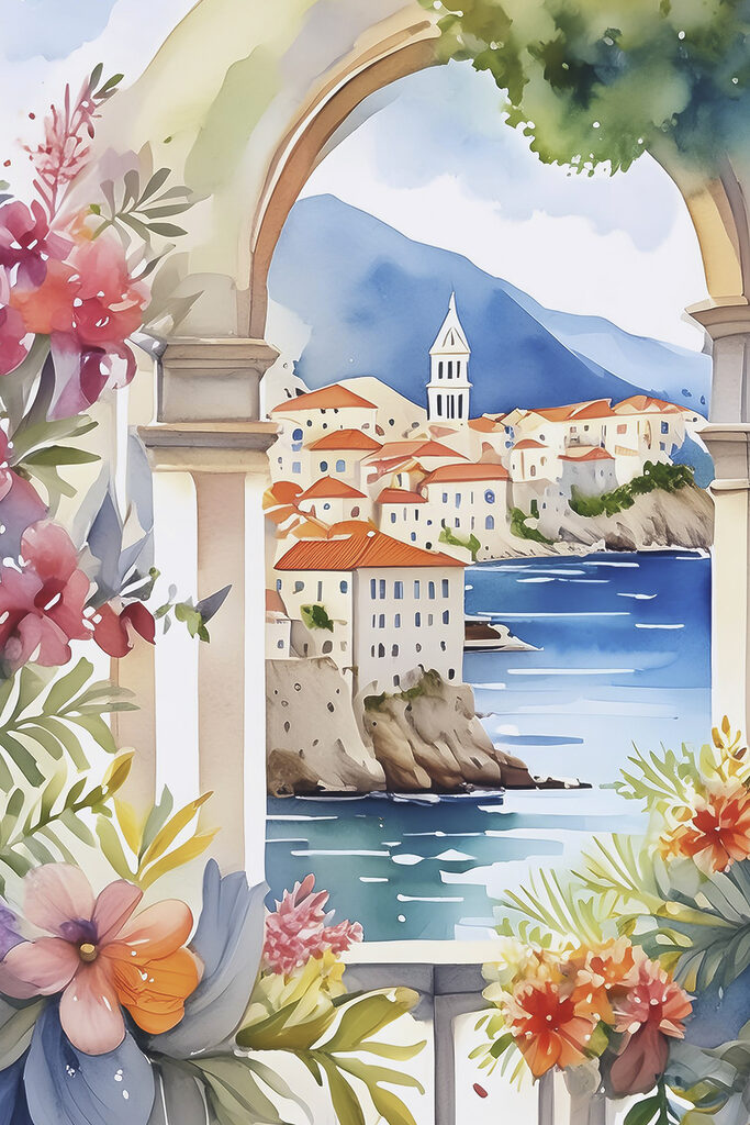 A watercolor painting of a town on a cliff