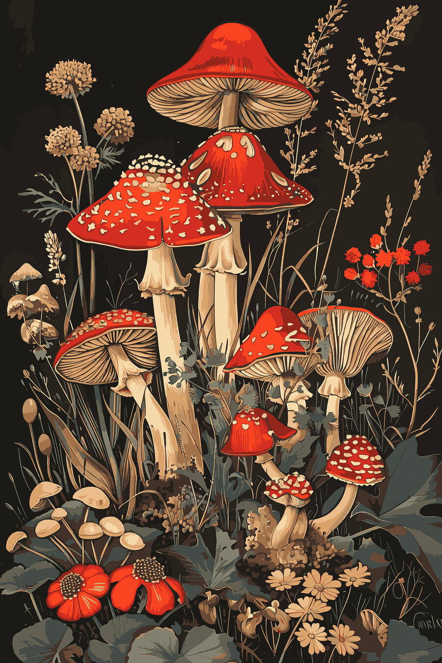 Een schilderij van paddenstoelen en planten