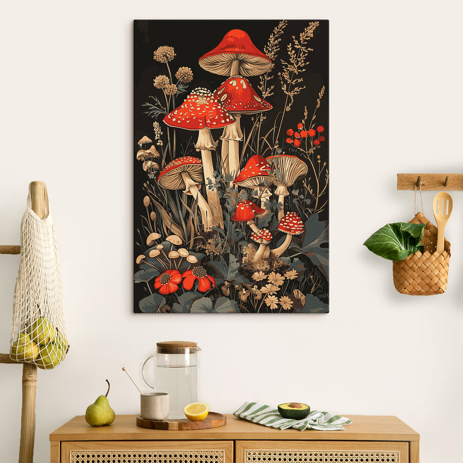 Een schilderij van paddenstoelen en planten
