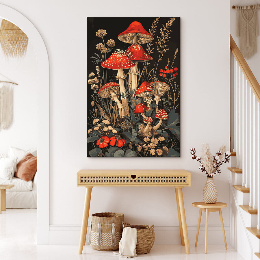 Een schilderij van paddenstoelen en planten