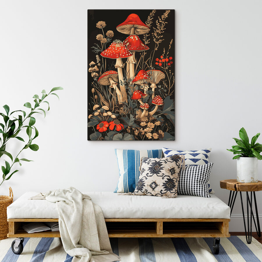 Een schilderij van paddenstoelen en planten