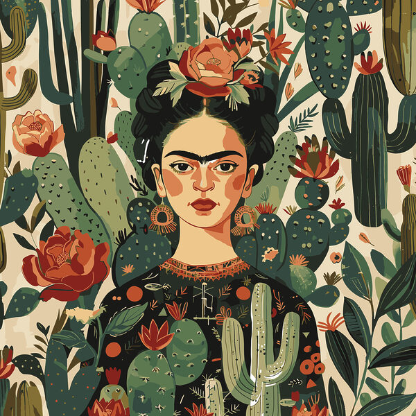 Een schilderij van een vrouw met cactussen Een schilderij van een vrouw met cactussen