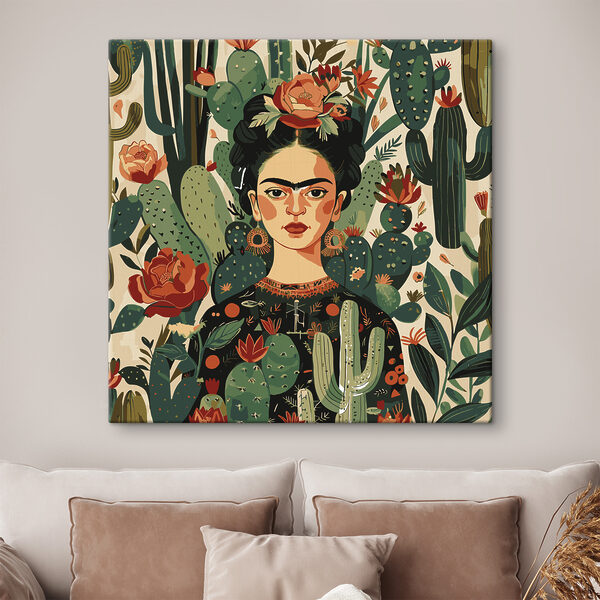 Een schilderij van een vrouw met cactussen Een schilderij van een vrouw met cactussen