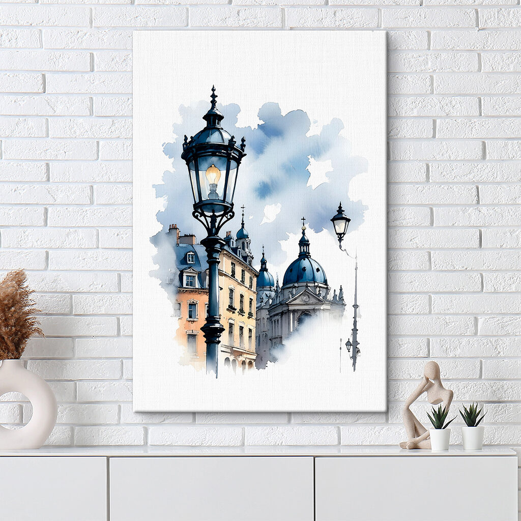 A street lamp with blue domes and buildings in the background