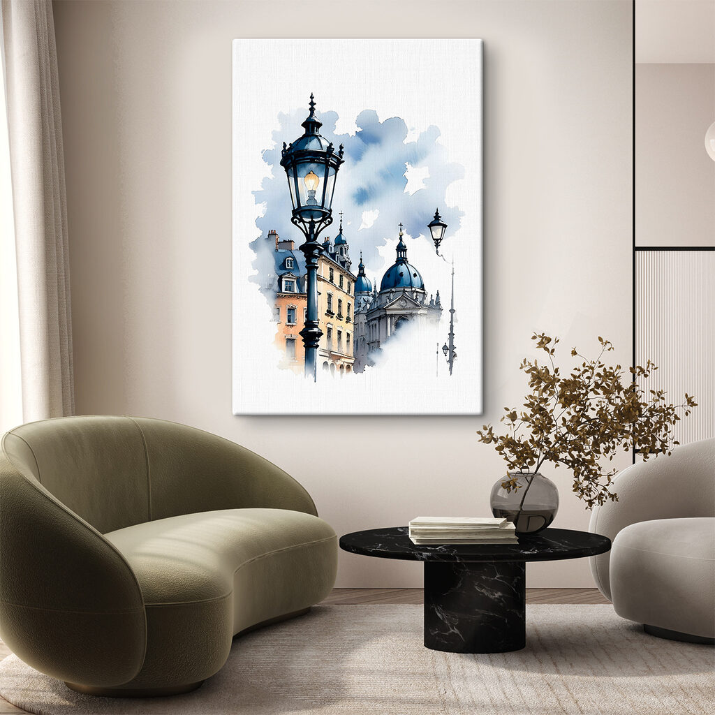 A street lamp with blue domes and buildings in the background