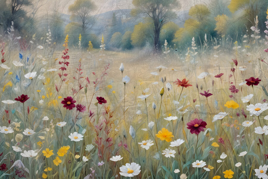 Een schilderij van bloemen in een veld
