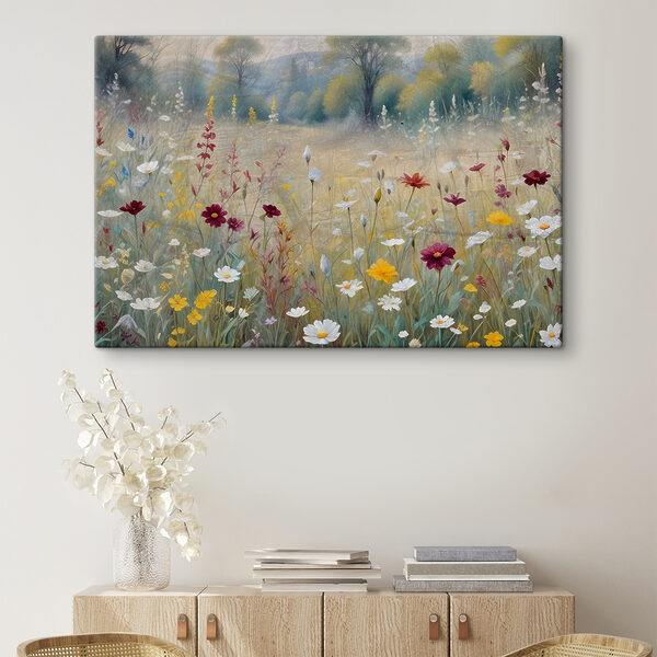 Een schilderij van bloemen in een veld Een schilderij van bloemen in een veld