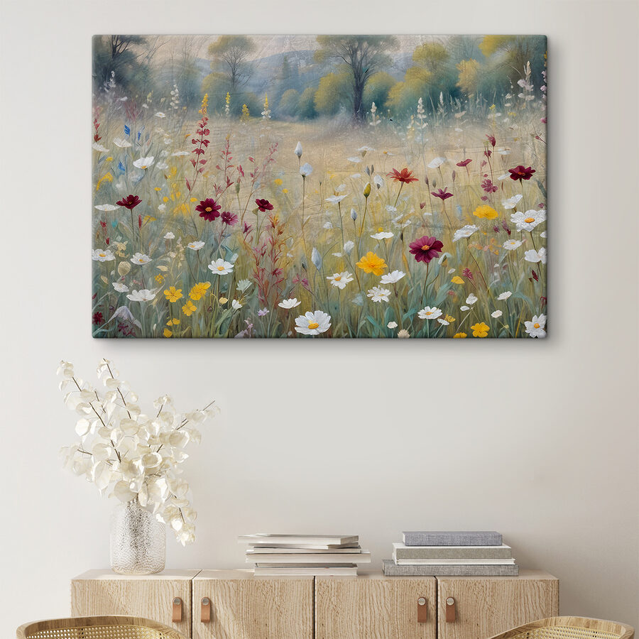 Een schilderij van bloemen in een veld