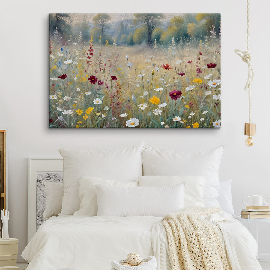 Een schilderij van bloemen in een veld