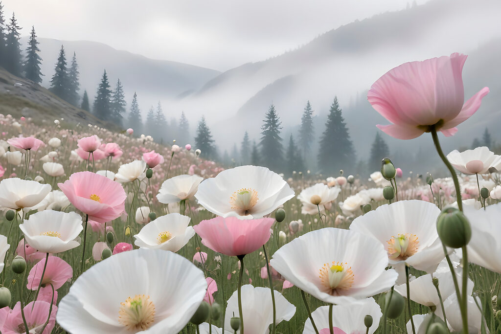 A field of pink and white flowers