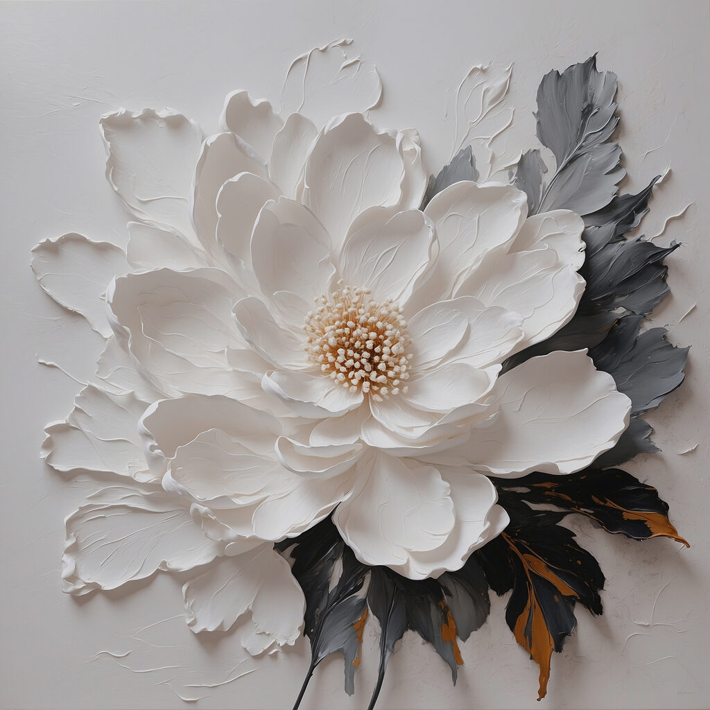 A white flower with black and grey leaves