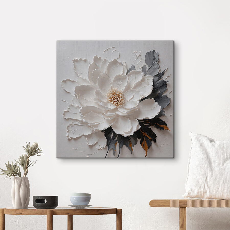 Canvas Schilderijen Een witte bloem met zwarte en grijze bladeren - Afbeelding 2