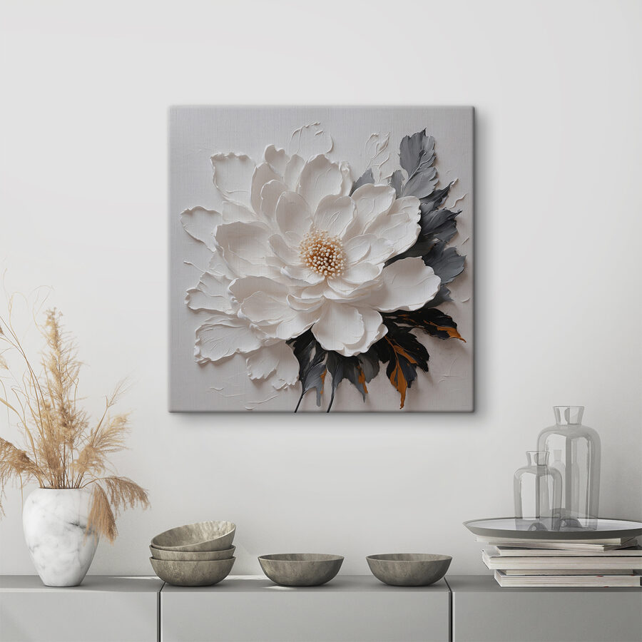 Canvas Schilderijen Een witte bloem met zwarte en grijze bladeren - Afbeelding 3