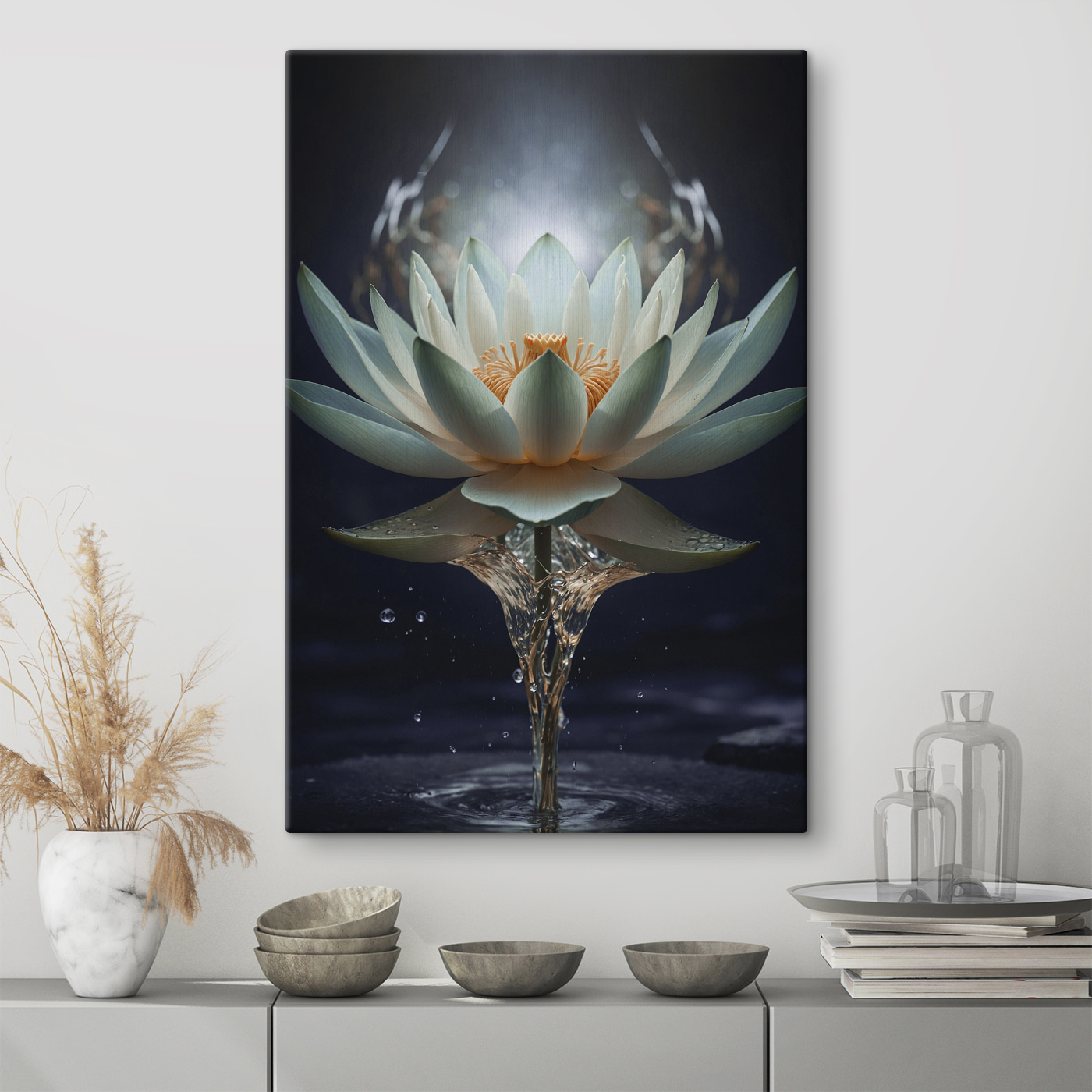 A white flower with yellow center and water splashing out