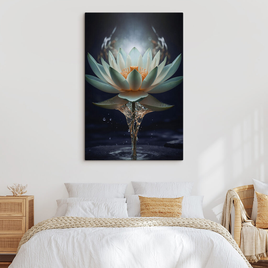 A white flower with yellow center and water splashing out