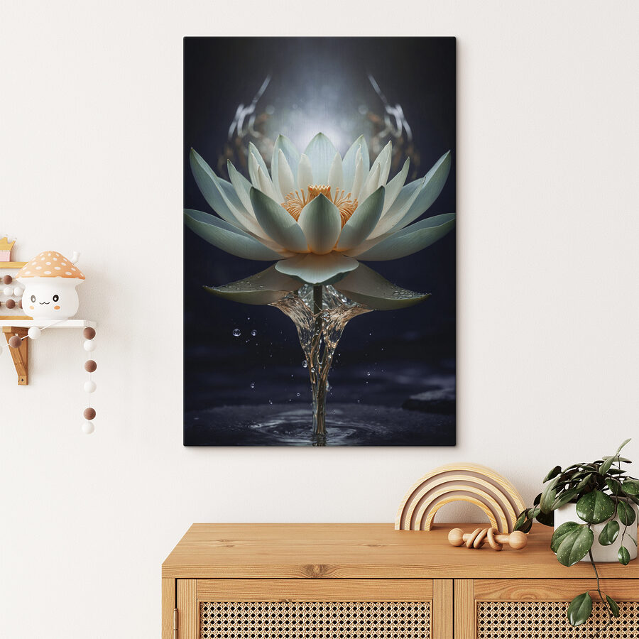 Een witte bloem met geel hart en water dat eruit spat