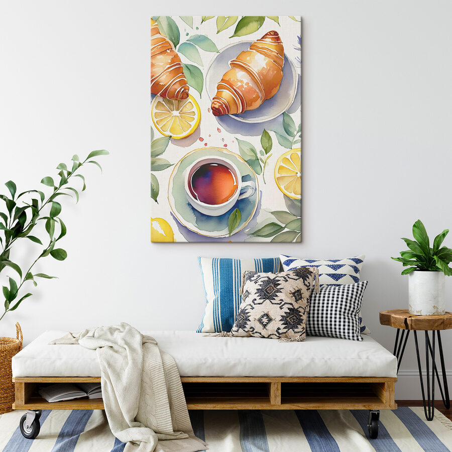 Aquarel van een croissant en een kopje thee