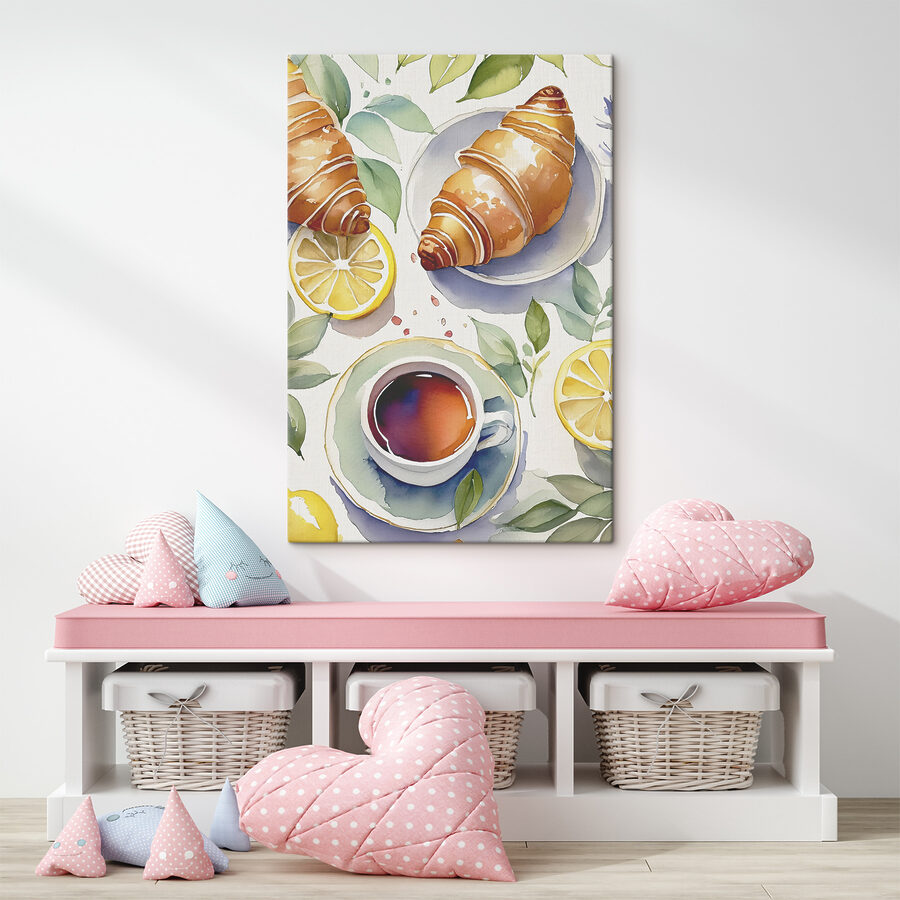 Aquarel van een croissant en een kopje thee