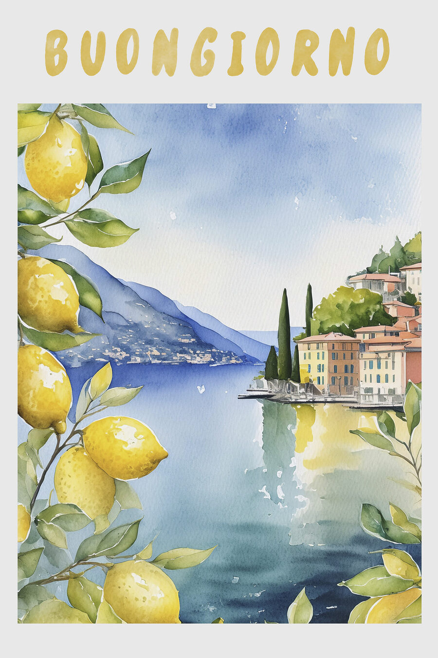 Aquarel van een stad en een watermassa