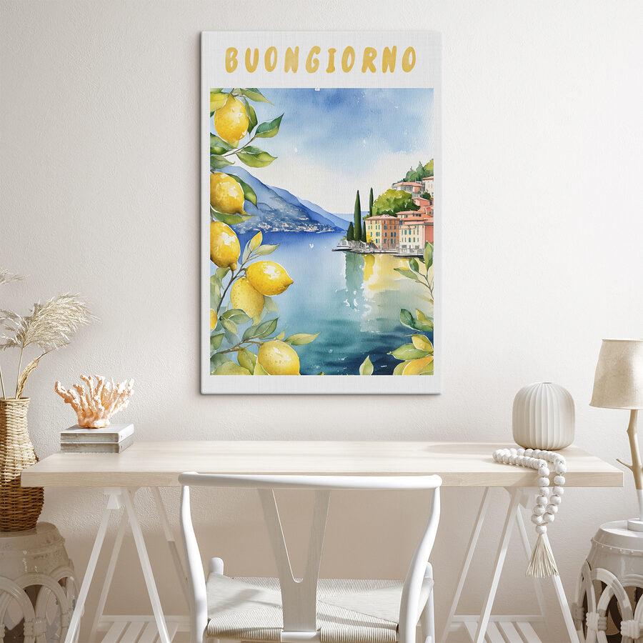 Aquarel van een stad en een watermassa