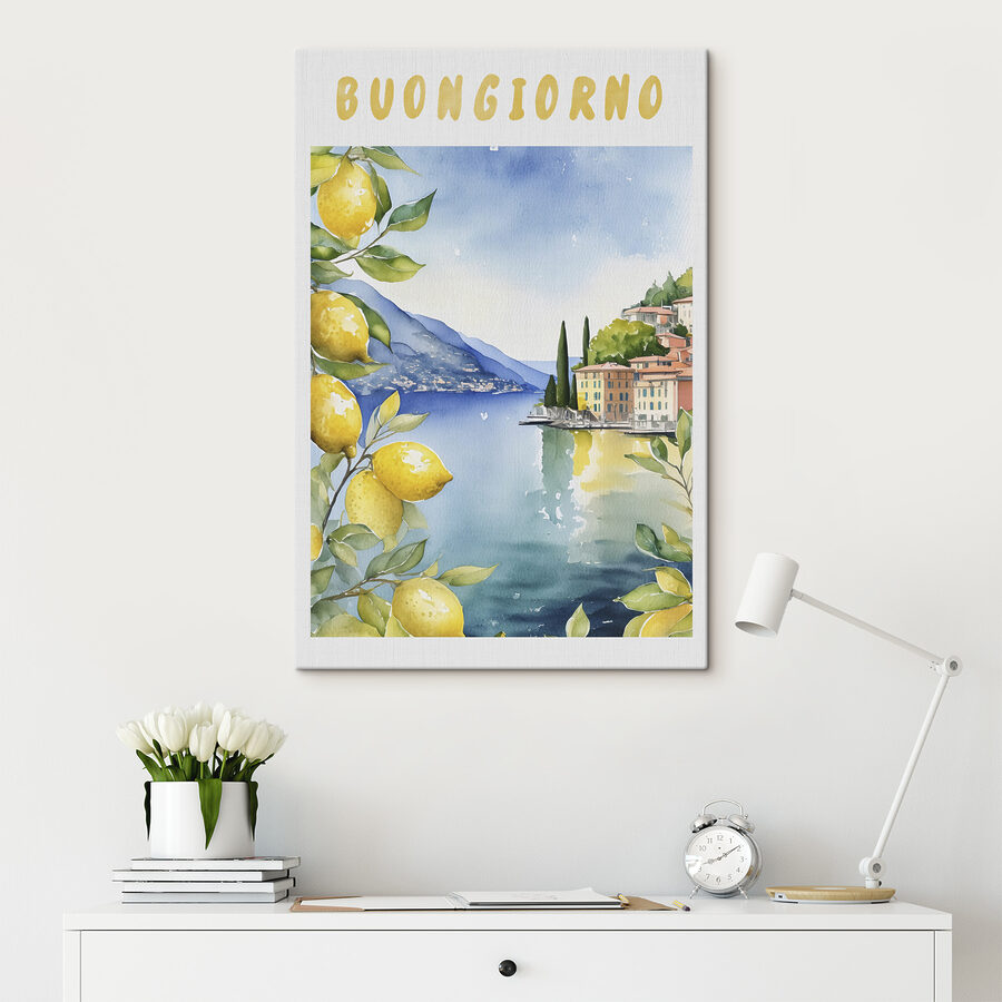 Aquarel van een stad en een watermassa